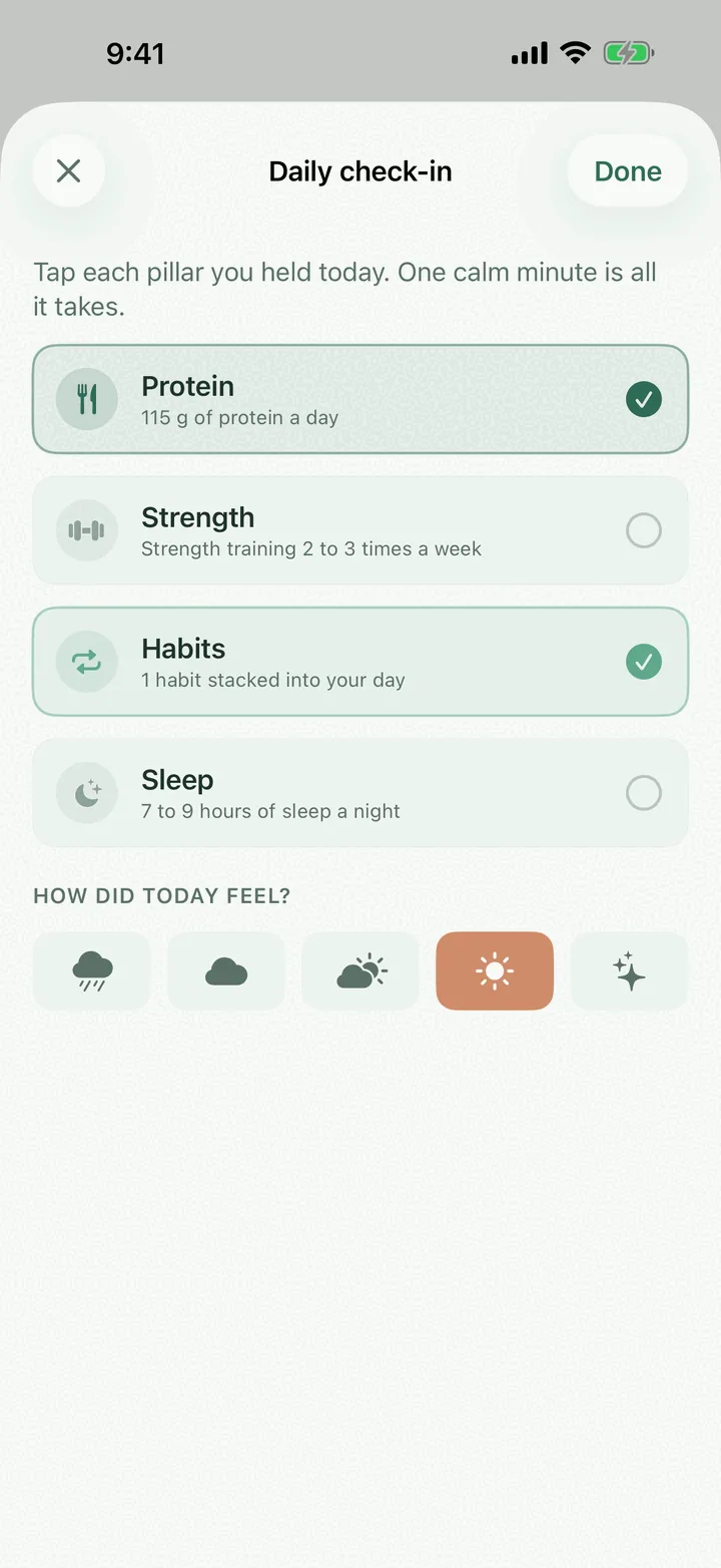 GLP-Done daily check-in across protein, strength, habits, and sleep